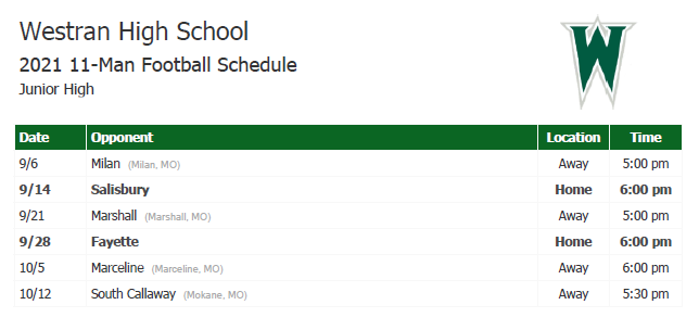 2021 MS Football Schedule